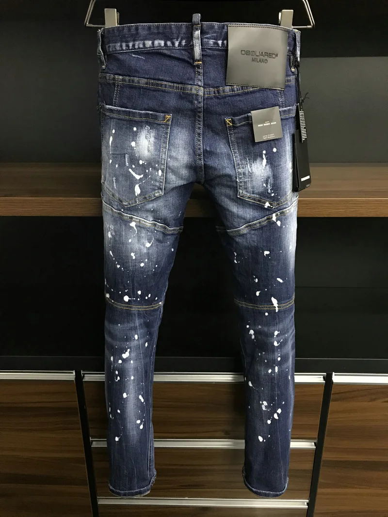 New Men's Dsquared2 Buttons Jeans Ripped For Male Skinny  Pants Men's Denim Trousers Top Quality Slim Jeans A505