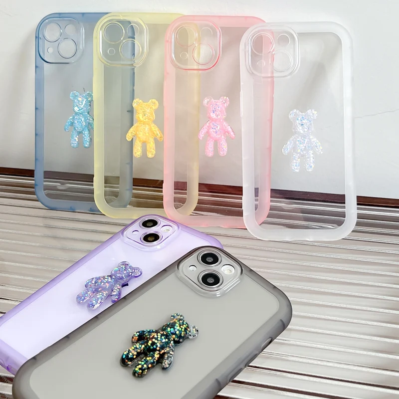 

3D Cartoon Bear Color Transparent Phone Case for iPhone 11 12 13 mini pro XS MAX 8 7 Plus X XR Cover