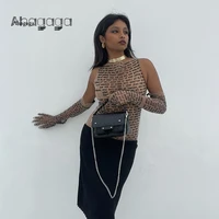 ahagaga sexy tee t shirt women 2022 spring casual letter print skinny see through with gloves cropped shirts women female blusas