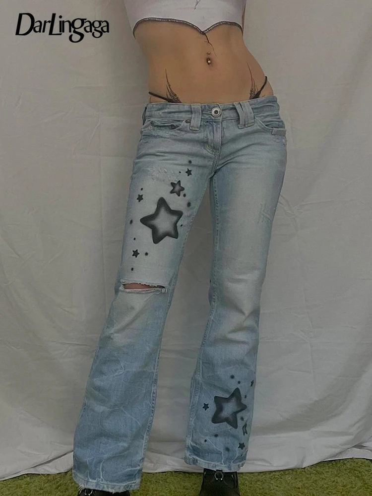 

Женские узкие джинсы с низкой посадкой и принтом в виде звезд