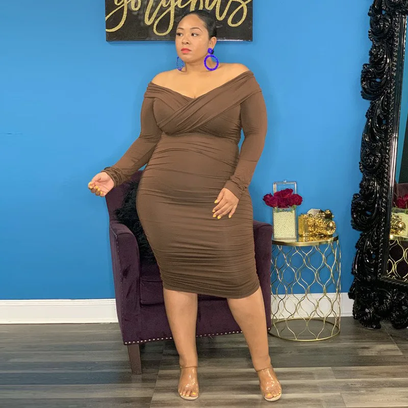Plus Size Dresses Solid Long Sleeve Deep V-neck Slim Mid-Calf Party Dresses Evening Dresses Plus Size Women Clothing Office Lady