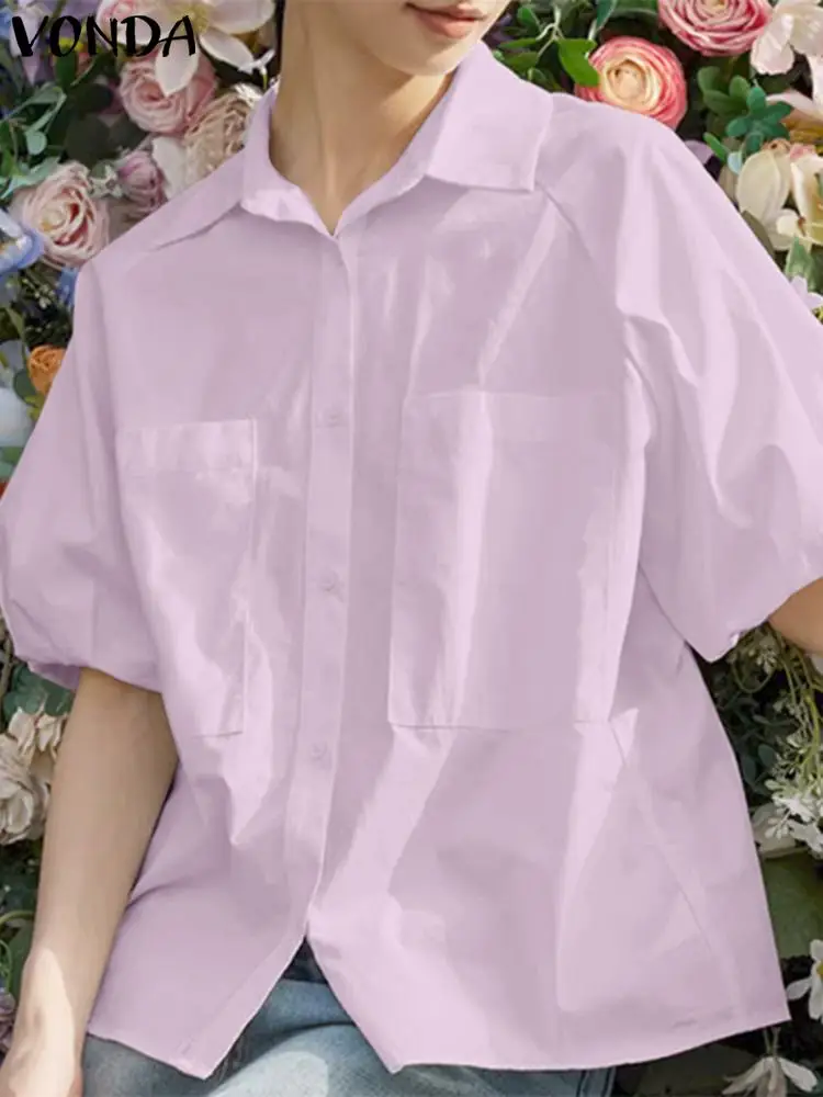 

2023 VONDA Fashion Shirts Women Elegant Half Sleeve Blouse Casual Loose Lapel Solid Color Tops OL Style Summer Blusas Femininas