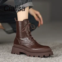 cialisa 2022 winter new brown genuine leather woman martins ankle boots round toe thick sole shoes lady lace up footwear size 42