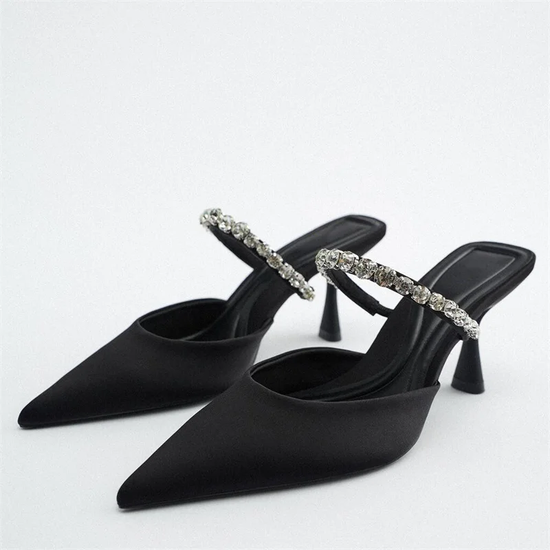 

2022 Black Rhinestones Heeled Mules Pump Women Elegant Sparkly Sandals Summer Slippers Woman Sexy High Heels Slingbacks Shoes