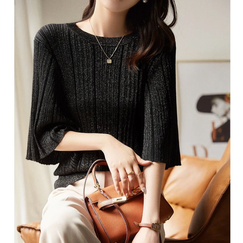 

Loose White Sweet Tops Bat Sleeve Knitted Shirt Korea Fashion Half Sleeve Top for Women Casual Knit Top Blusas Elegant 27618