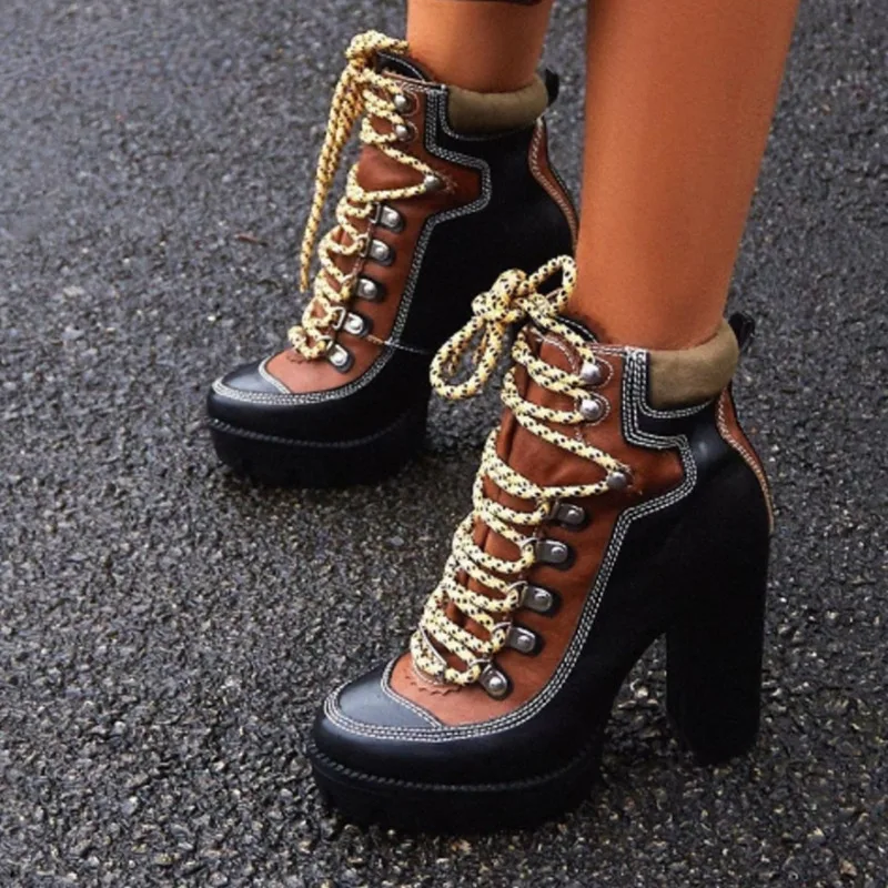 

Punk Women's Motorcycle Ankle Boots Waterproof Platform Short Botas Roman Chunky Martin Booties Fashion Ladies High Heels Shoes