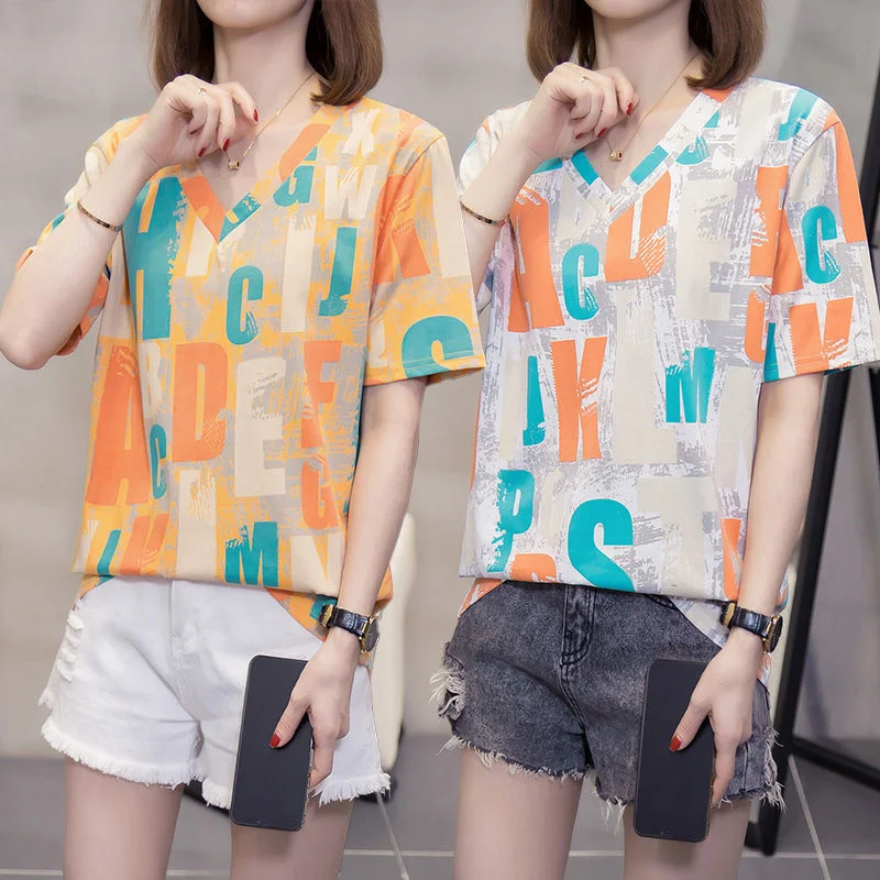 Футболка женская оверсайз с V-образным вырезом базовая Повседневная Свободная