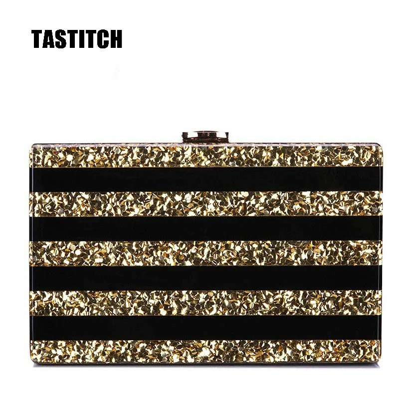 

Stripe Acrylic Bags Fashion Evening Bag Gold Sequin Chain Bags Ladies Clutches Party Porm Handbags Women Shoulder Bag Purses