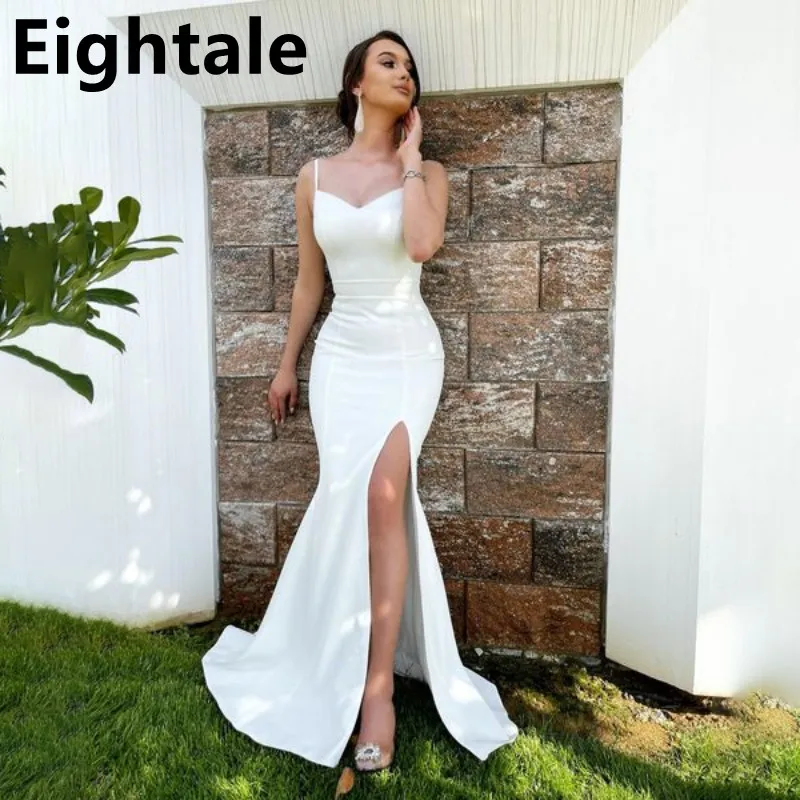 

Eightale White Mermaid Evening Dresses Spaghetti Strap Pleats Side Slit Celebrity Party Gown Arabia Satin Prom Graduation Dress