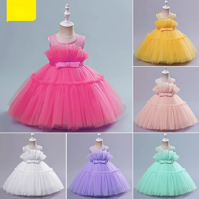 

Children's Dress Girl's Sleeveless Solid Color Mesh Princess Dress Holiday Performance Dress Birthday Party Pompous Dress