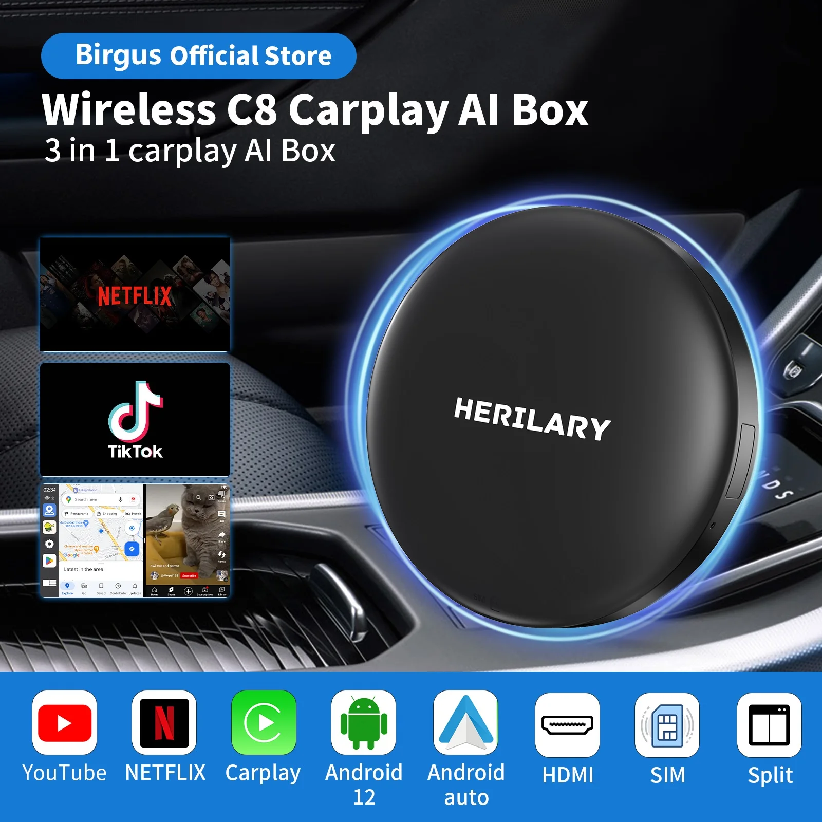 

Birgus Wireless CarPlay Android Auto CarPlay Ai Box Mini Android 12 4+64GB QCM 8-Core 665 6125 YouTube Netflix IPTV 4G LTE 4K