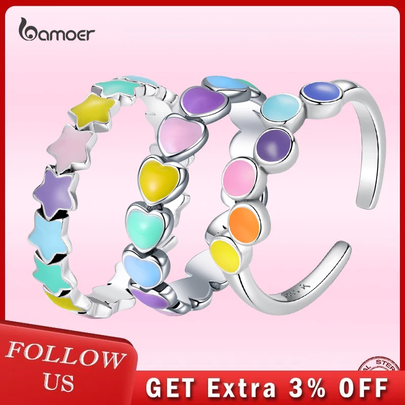 

Bamoer New Fashion Rainbow Heart-Shape Silver Ring for Women Real 925 Sterling Silver Colorful Star Ring Fine All-Match Jewelry