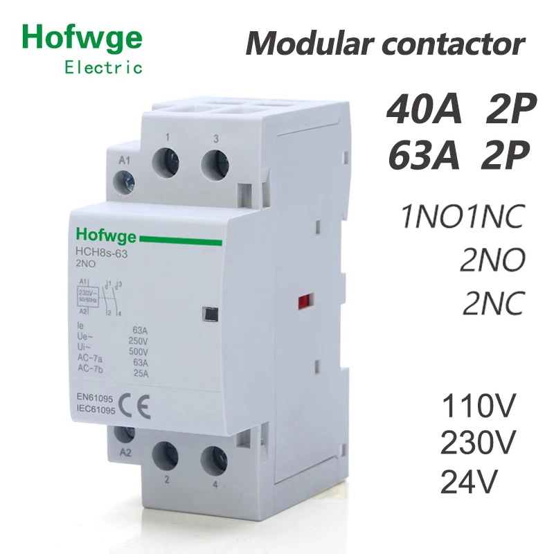 

HCH8s-63 Household Contactor 2P 40A 63A 2NO or 2NC 1NO1NC 24V 110V 220V Automatic Contactor Din Rail Type