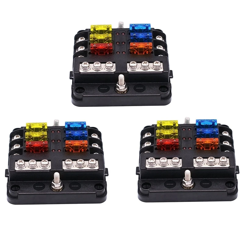 

3X 6-Way Waterproof Fuse Block,With LED Indicator 12 Circuits With Negative Marine Fuse Box For Dc 12/24V