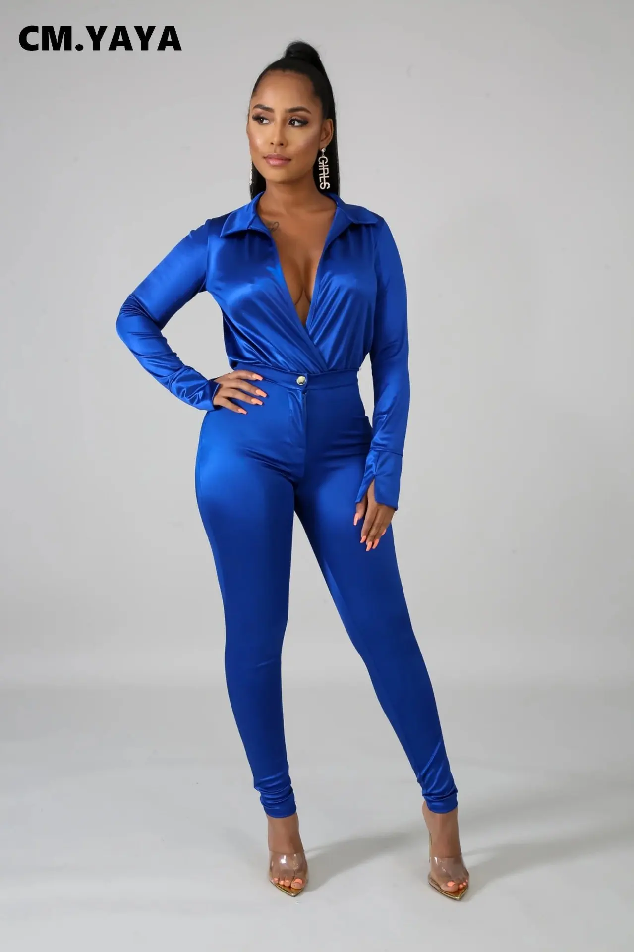 Женский Атласный Костюм CM.YAYA комплект из двух предметов рубашка с отложным