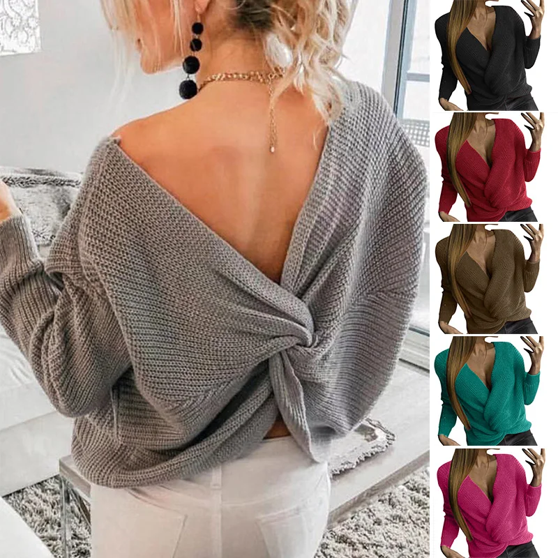 

Women Pullover Sweaters Sexy Deep V Neck Twisted Solid Color Slim Long Sleeve Sweater Jumper