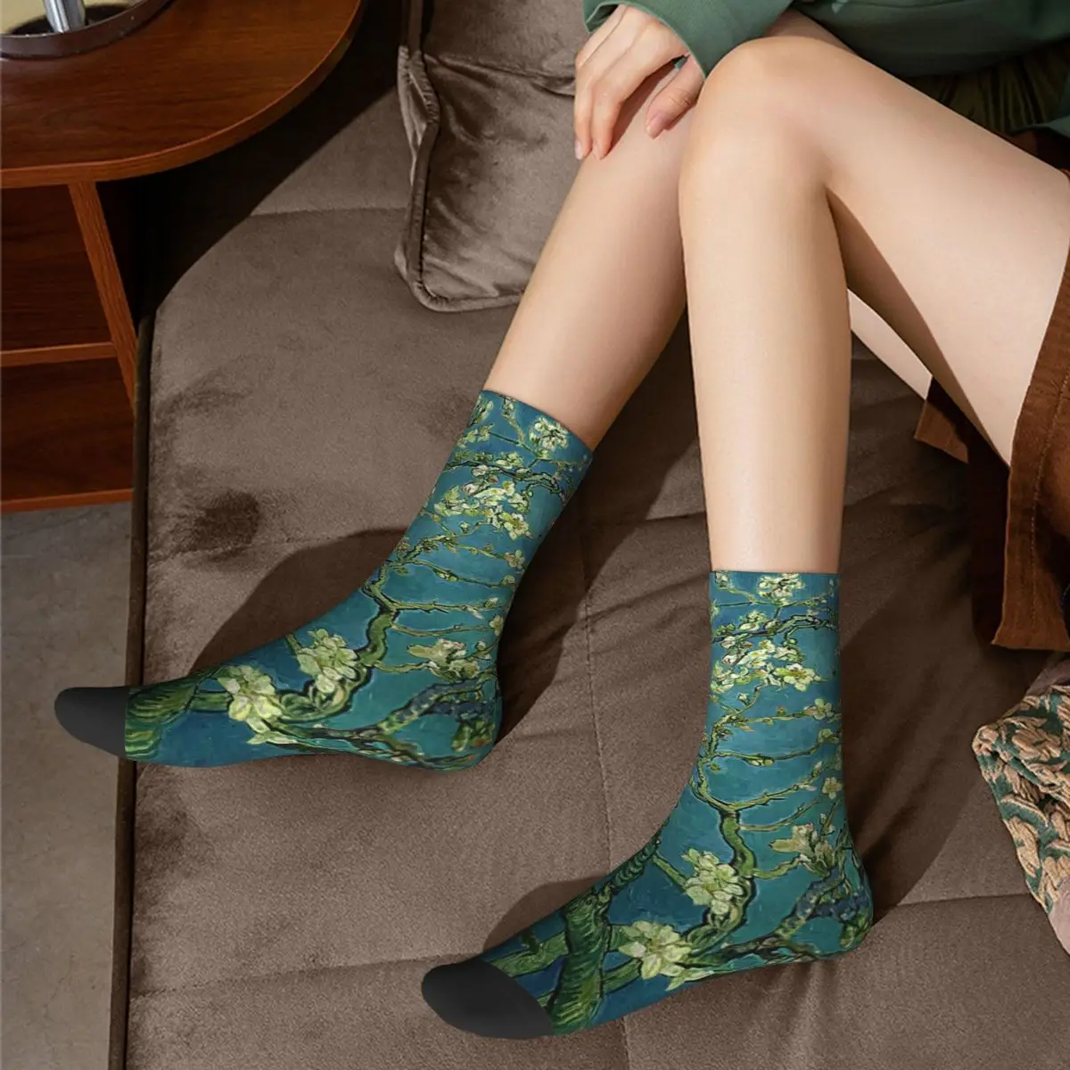 

Floral Print Art Socks Van Gogh Almond Blossoms Matching Spring Mid Stockings Large Chemical Fiber Teenage Trendy Socks
