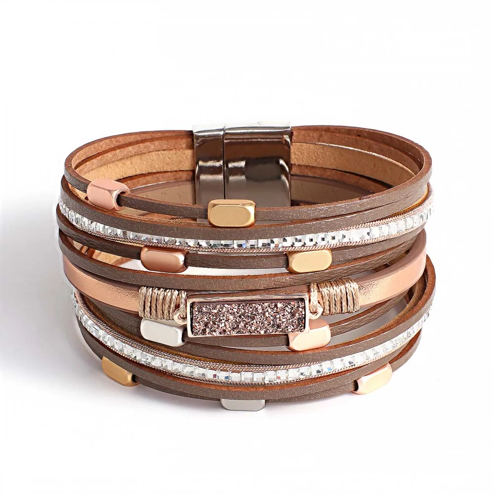 

Simple Metal Beads Colorful Resin Stone Charm Leather Bracelets for Women Femme Multilayer Wrap Bracelet Femme Jewelry Bijoux