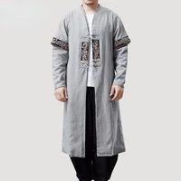 new spring autumn trench coat mens mid length ethnic style embroidered linen top loose casual jackets long coat men