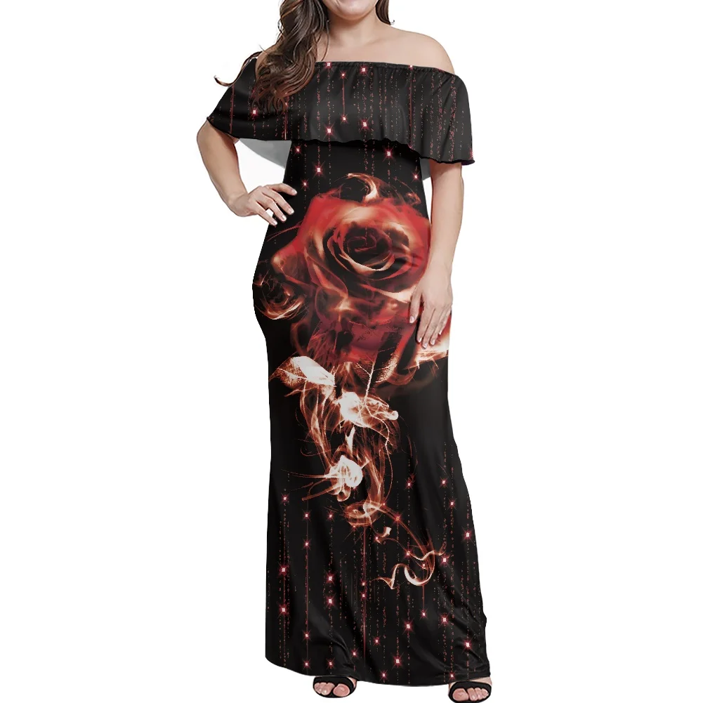 

Женское платье с открытыми плечами и 3D-принтом розы