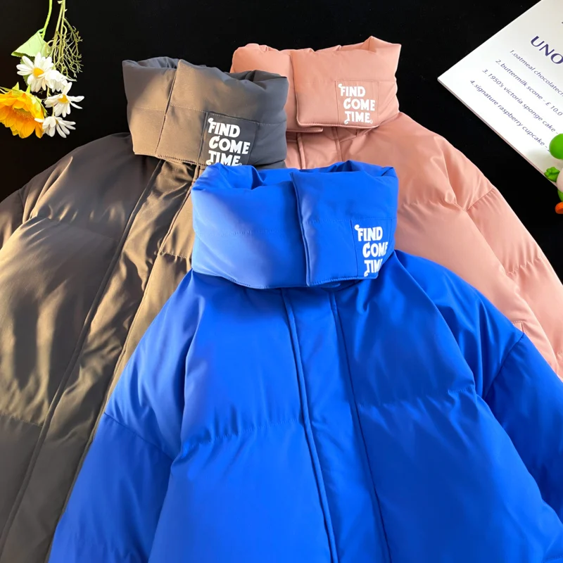 Men's Winter Jacket Couple Solid Zip Unisex Warm Thicken Padded Cotton Coat Oversized Puffer Outwear