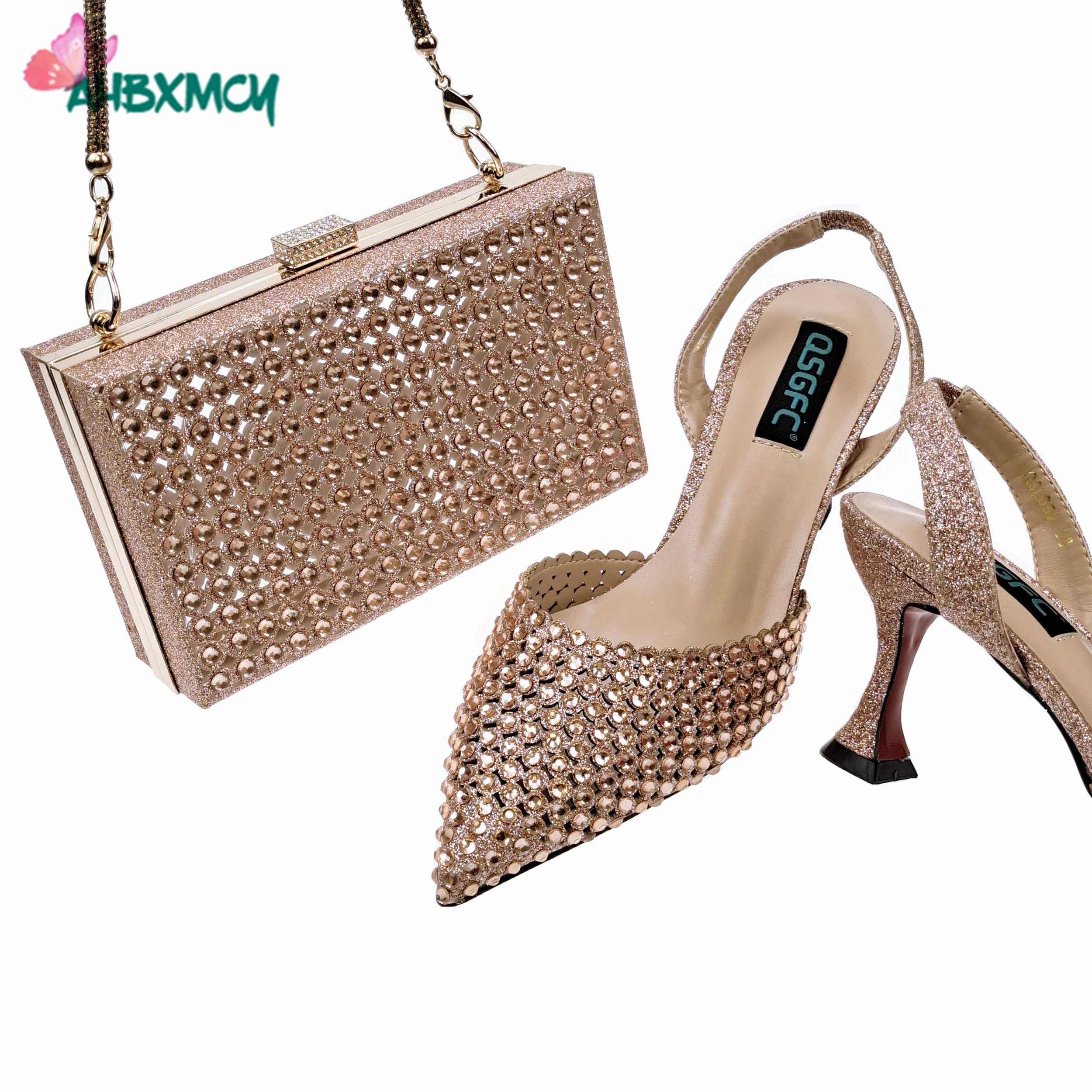 

Peach Color High Heel Sandal Nigerian High Quality Pointed Toe Shoes Matching Bag Set in Women Wedding