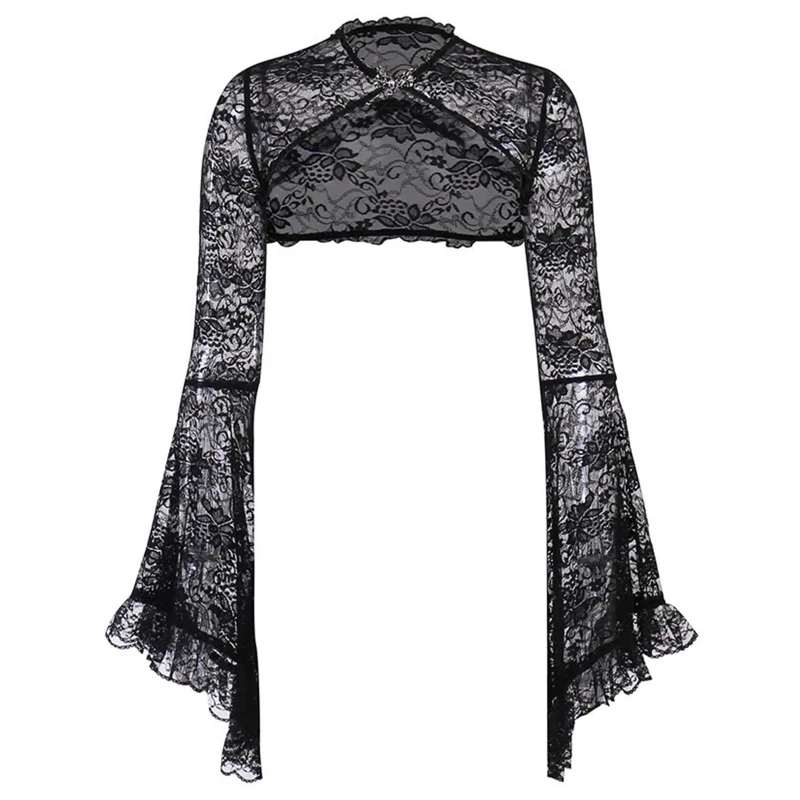 

Women's Hollow out Crop Tops Chic Gothic Lace Smock Tops False Collar Ladies Flare Sleeves Cover Ups for Dating Party