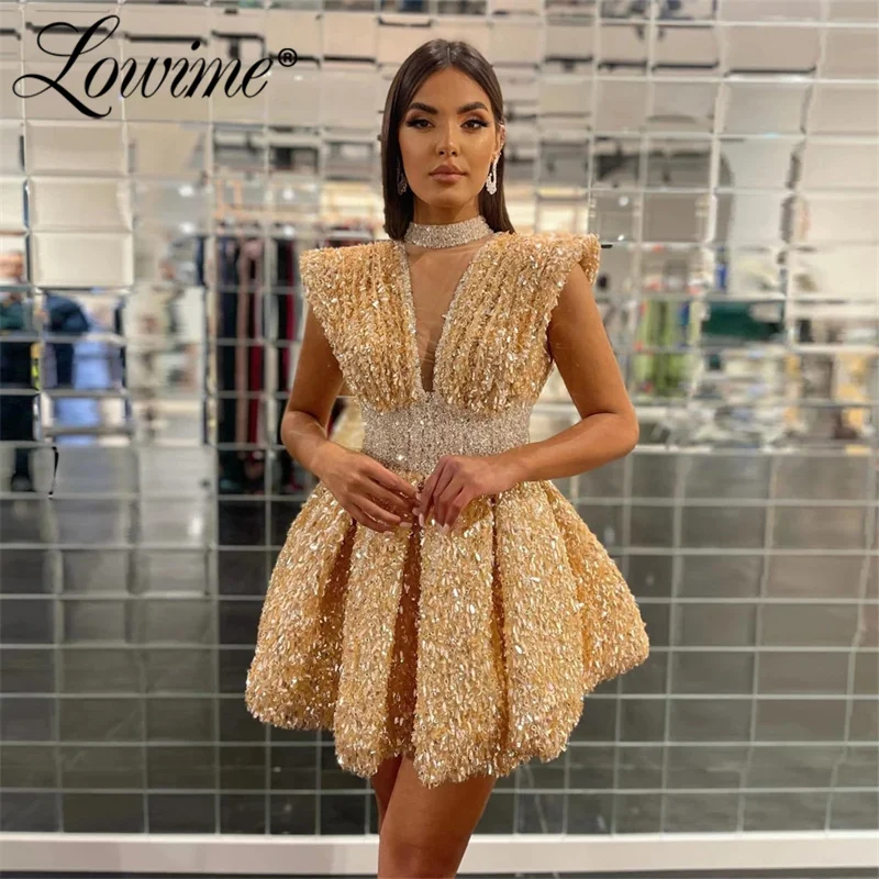 

Lowime Champagne Sequins Graduation Dresses Short Party Dress 2022 Customize Beaded Cocktail Prom Dress Women Evening Gowns Robe