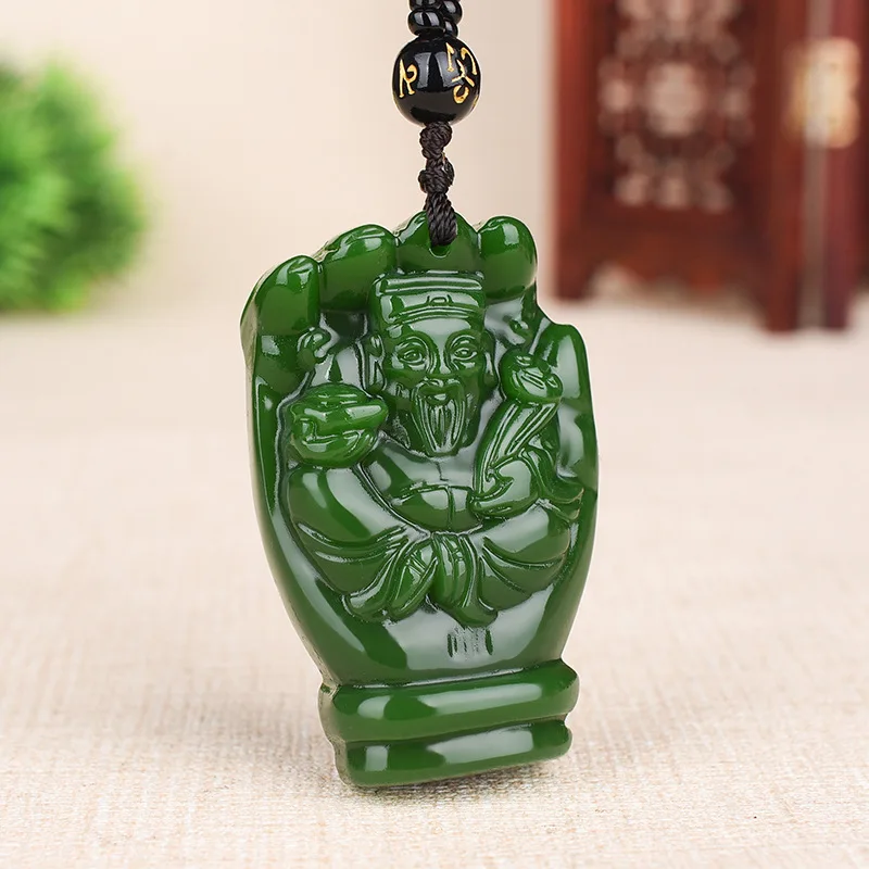 

Натуральный зеленый нефритовый кулон «Бог богатства», ожерелье ручной работы, китайская мода, очаровательные ювелирные изделия, амулет для женщин и мужчин, подарки