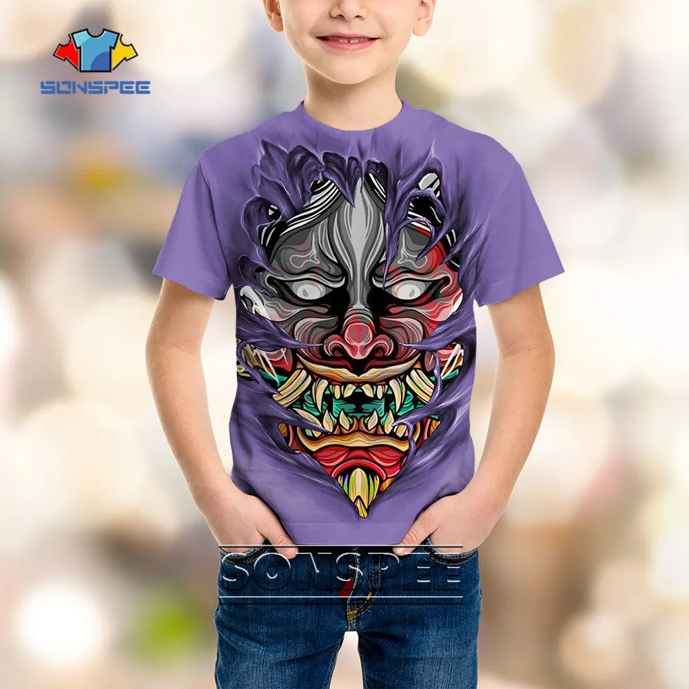 

SONSPEE Japanese Samurai 3D Print Kids Children T-shirt Top Horror Mask Short Sleeve Harajuku Funny Boy Girl Street Child Tees