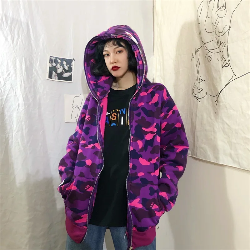 Autumn and Winter New Fashion Brand Camouflage Shark Head Couple Loose Hooded Coat Sweater for Men and Women