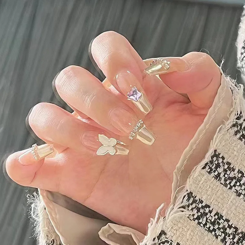 

24Pcs/Box Long Ballet Metallic Champagne French Aurora Crystal Butterfly False Nail Chain Diamond Nails Fake Nails with Glue