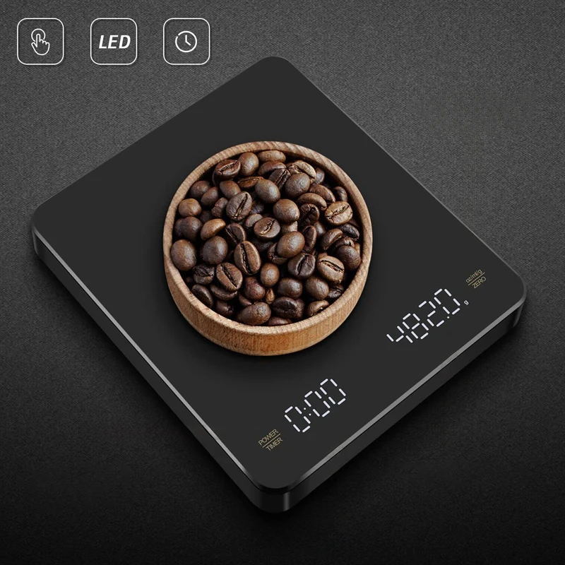 

Coffee Electronic Scales Pour Over Espresso 3kg 0.1g LED Auto Timer Smart Digital Kitchen Scale Built-in Battery USB Charging