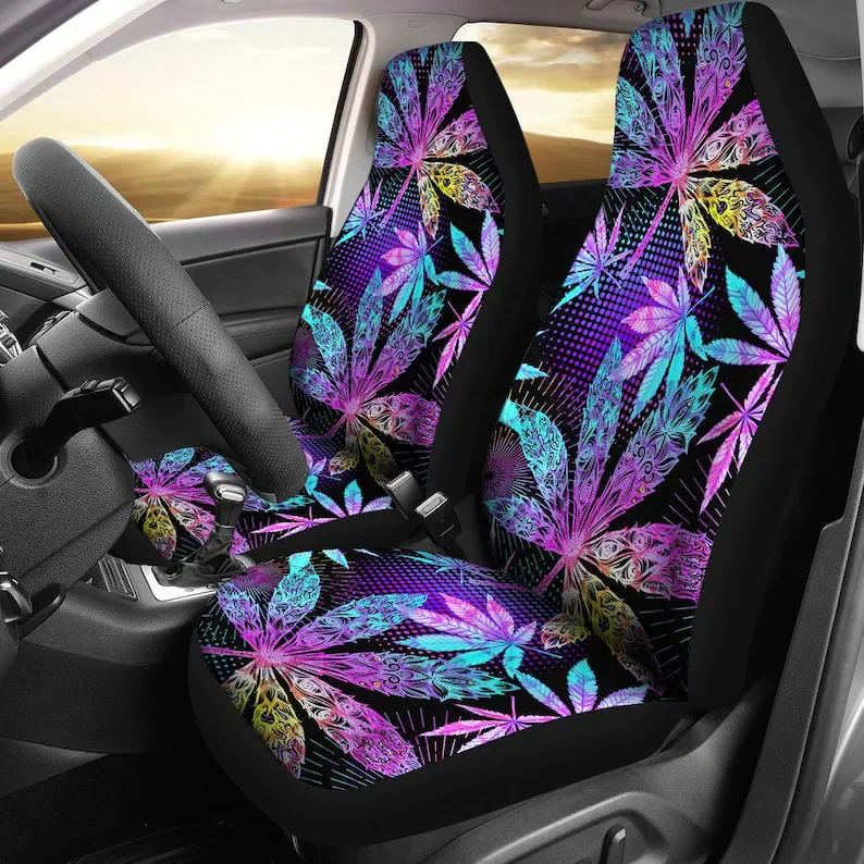 

Colorful Pink Purple Weed Leaf Floral Flowers Car Seat Covers Pair, 2 Front Seat Covers, Car Seat Protector, Car Accessories