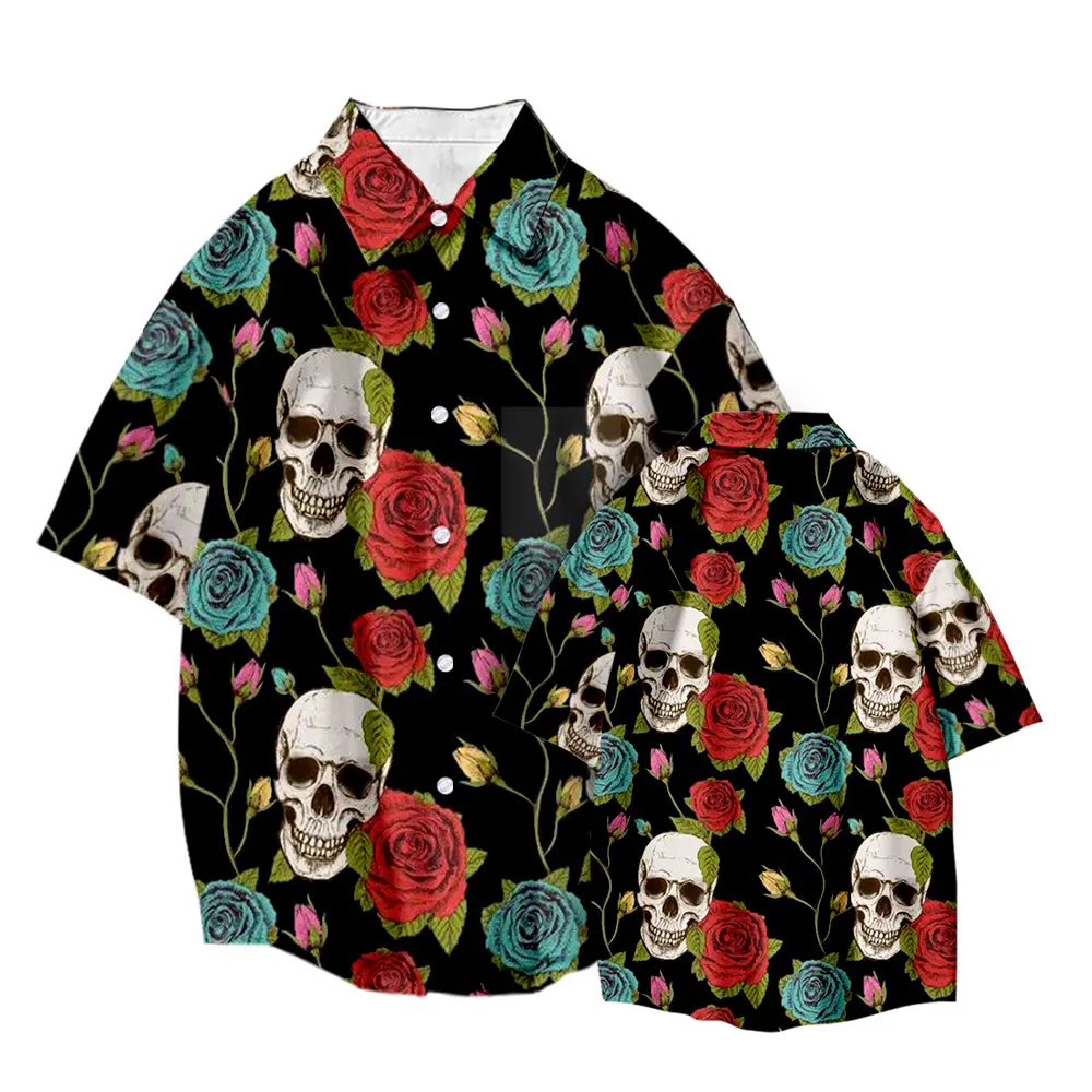 Skull Print 2022 Summer Short Sleeve Men's Shirts Clothing Hawaiian Beach Streetwear Vintage Loose Fashion Breathable Blouses