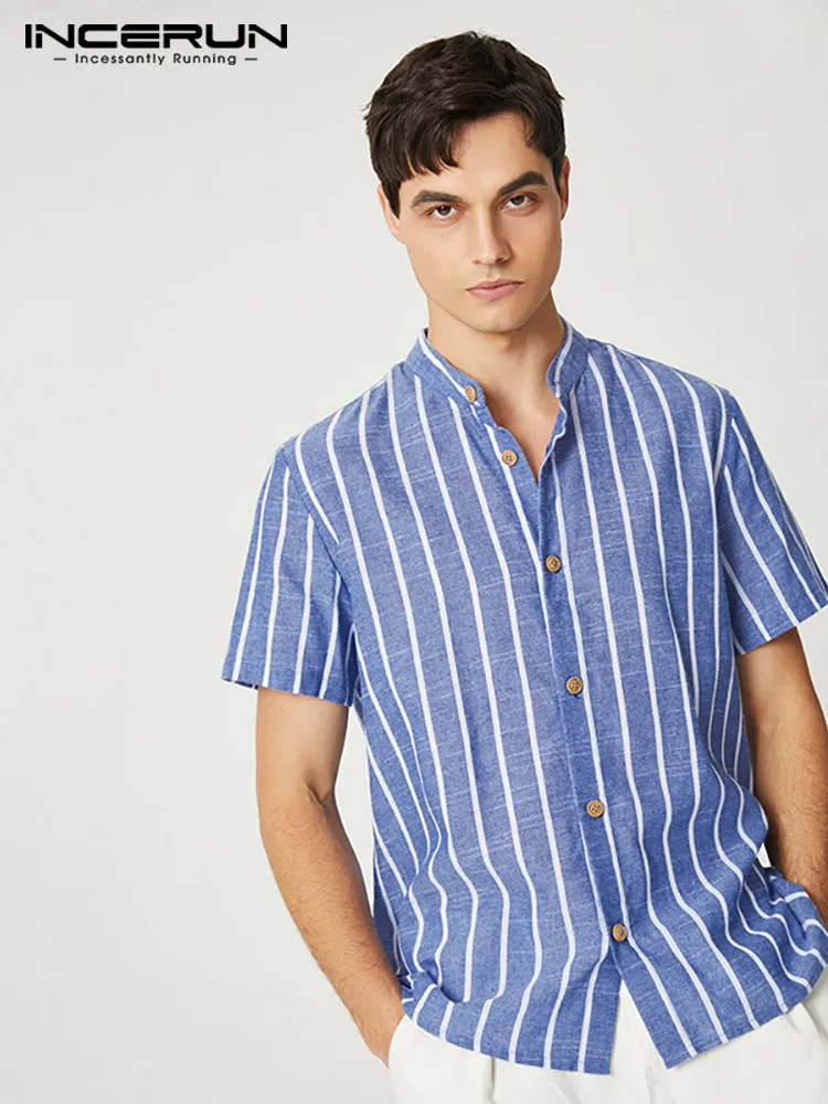 

INCERUN Tops 2022 Stylish Men's Simple Striped Blouse Casual Streetwear Male Hot Sale Striped Short Sleeve Striped Shirts S-5XL