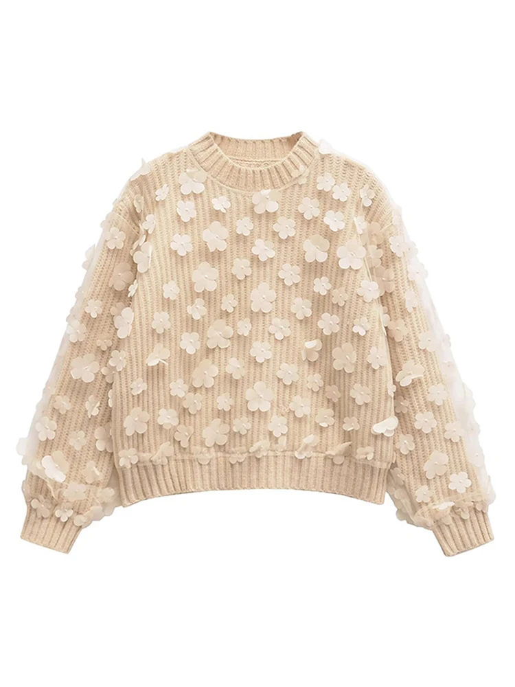 Вязаный женский свитер с цветочной сеткой повседневный свободный пуловер