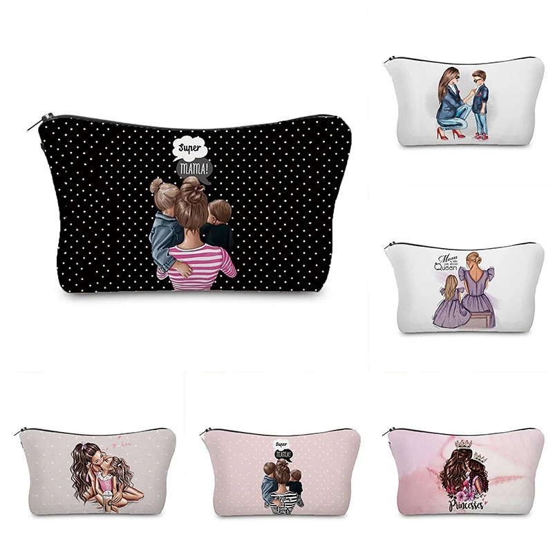 

Super Mama Cosmetic Bags Cartoon Makeup Case Casual Lovely Women Mom and Baby Heat Transfer Toiletry Organizer Bag New Arrival