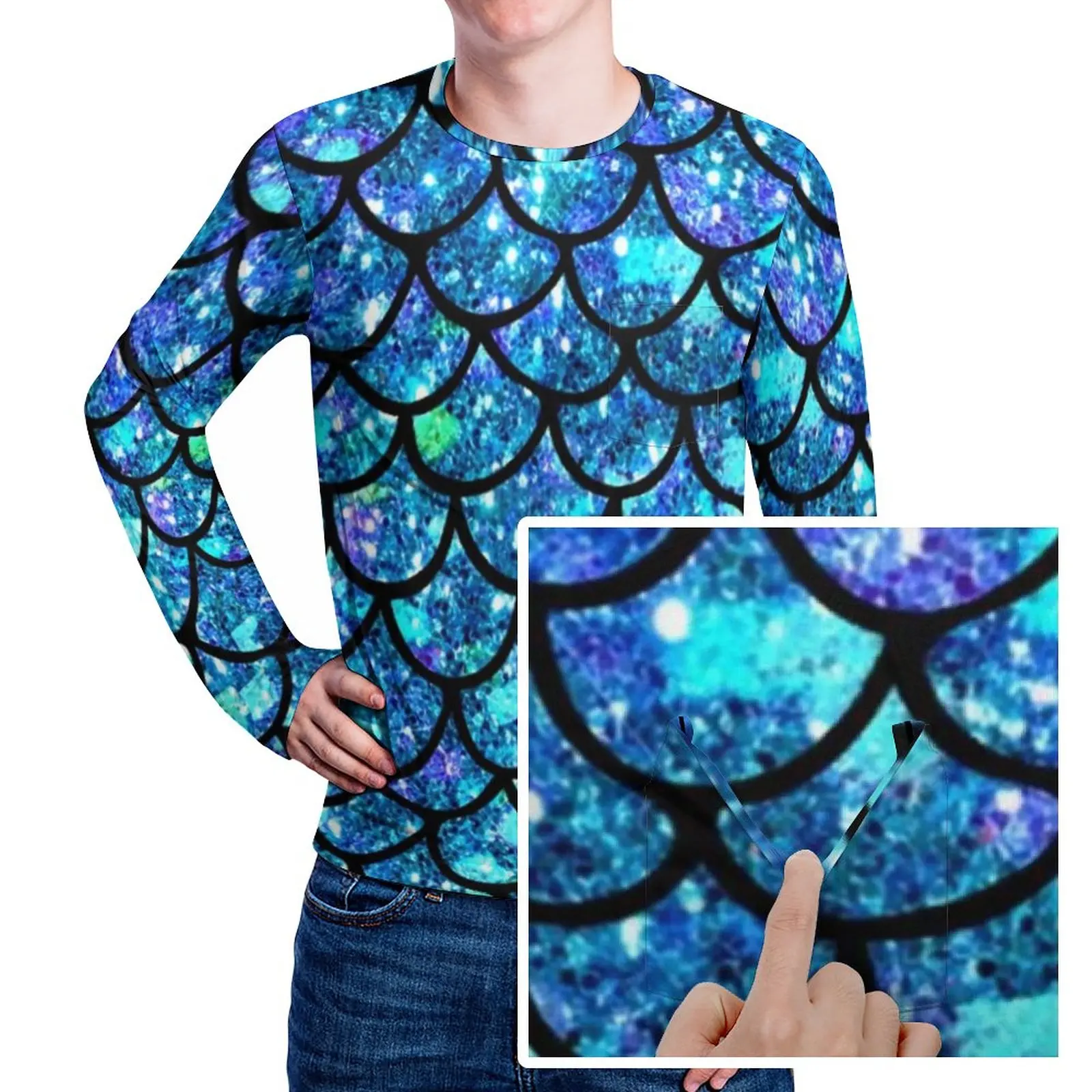 Sparkly Mermaid Scales T Shirt Pocket Magical Print Trending T Shirts Man Streetwear Tshirt Long Sleeve Design Clothes Plus Size