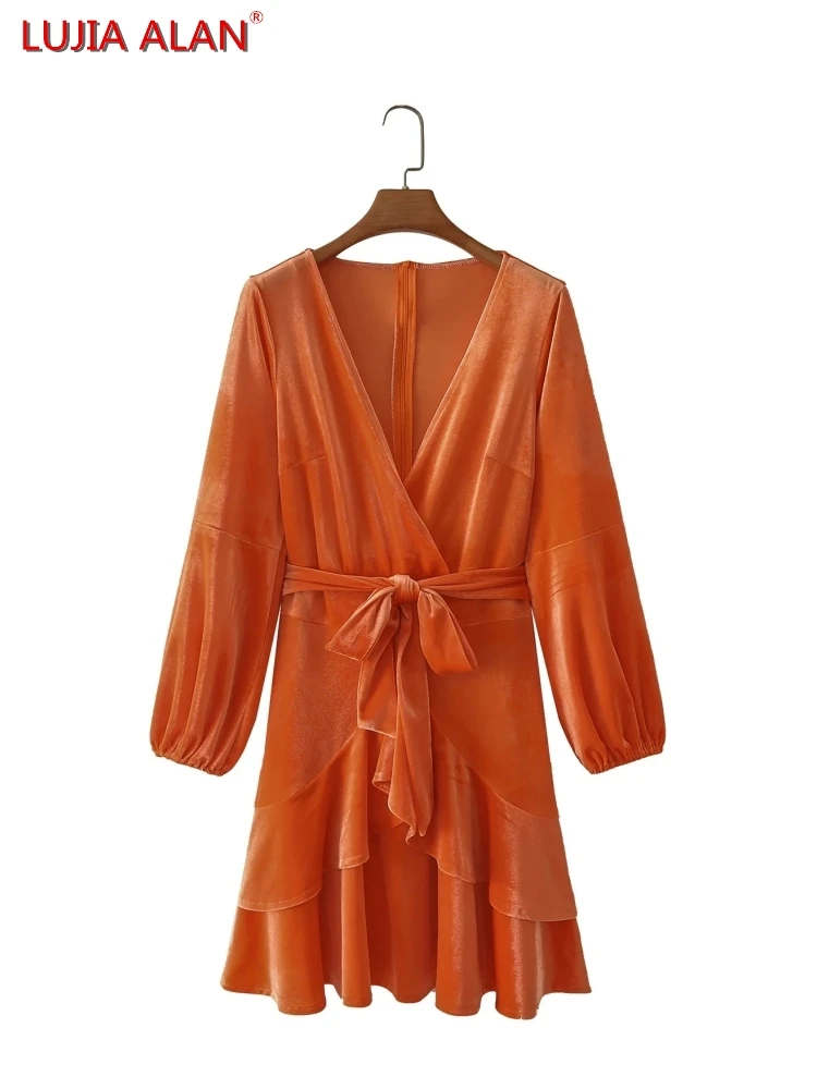 

V-Neck Sashes Cascading Ruffle Velvet Women Dress Female Long Sleeve Mini Vestidos Elegant Streetwear LUJIA ALAN WD298