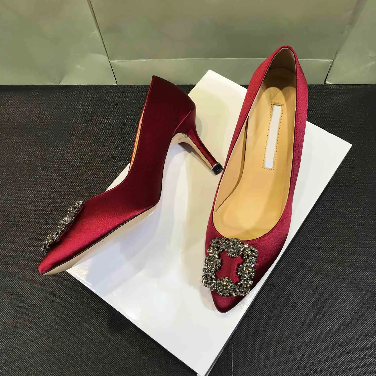 Satin Shoes Toe Pointed Toe Medium Heel Stiletto Square Buckle Women's Shoes Green