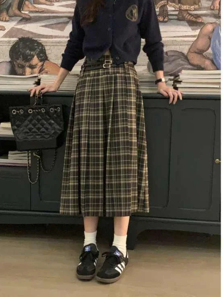 

DEEPTOWN Long Plaid Skirt Women High Waist A-line Slim Patchwork Vintage Pleated Midi School Skirt Autumn Japanese Uniform