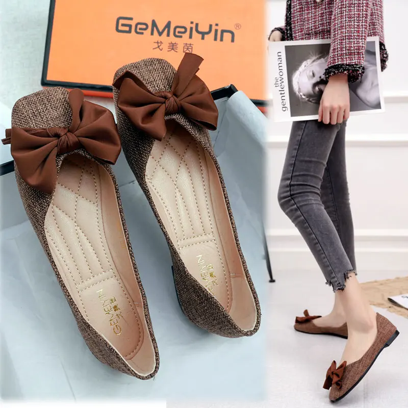 

2022 Large Size Spring Bow Flats Shoes Woman Butterfly-Knot Ballets Office Shoes Pointed Toe Shallow Slip On Foldable Ballerina