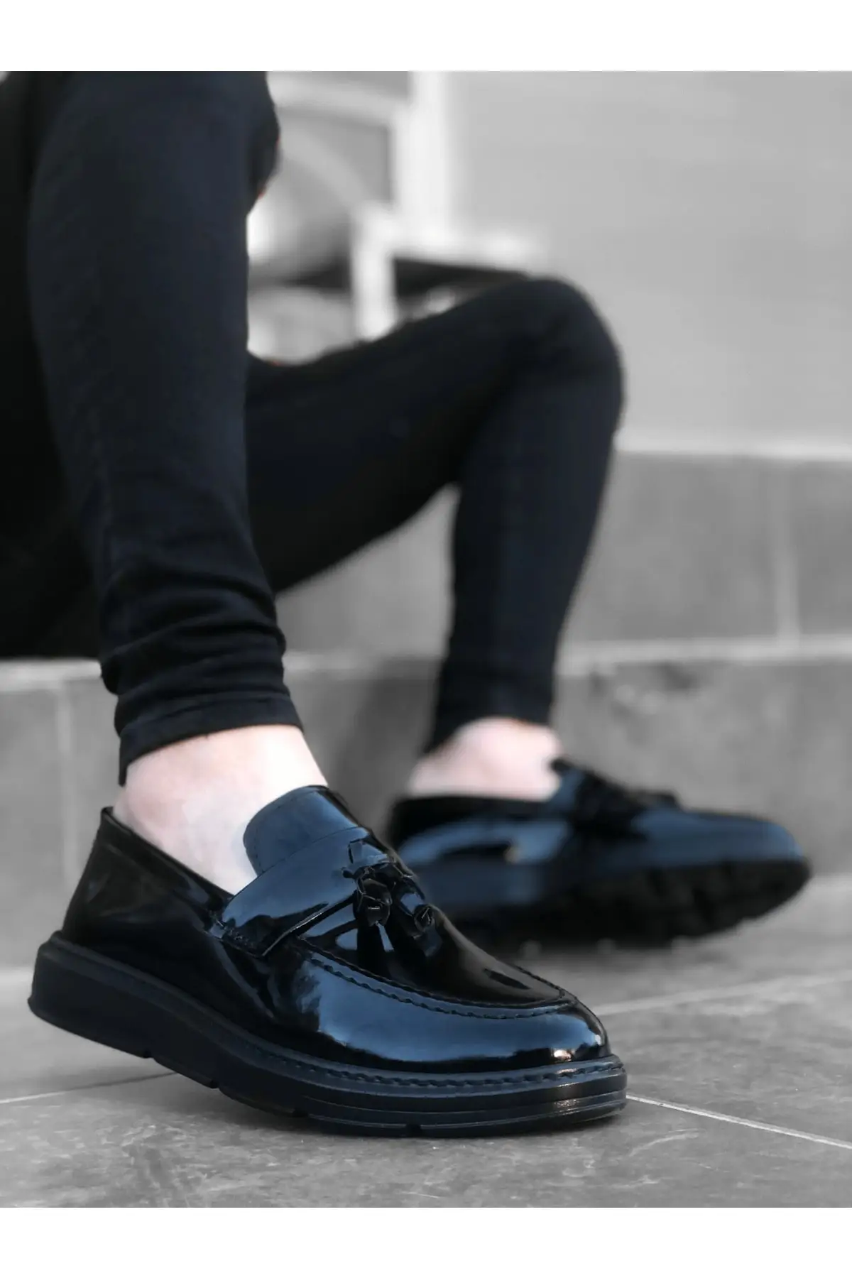 

Men's Shoes Ba0005 Laceless High Sole Classic Patent Leather Belt taseled Casual Loafers Lightweight Shoes