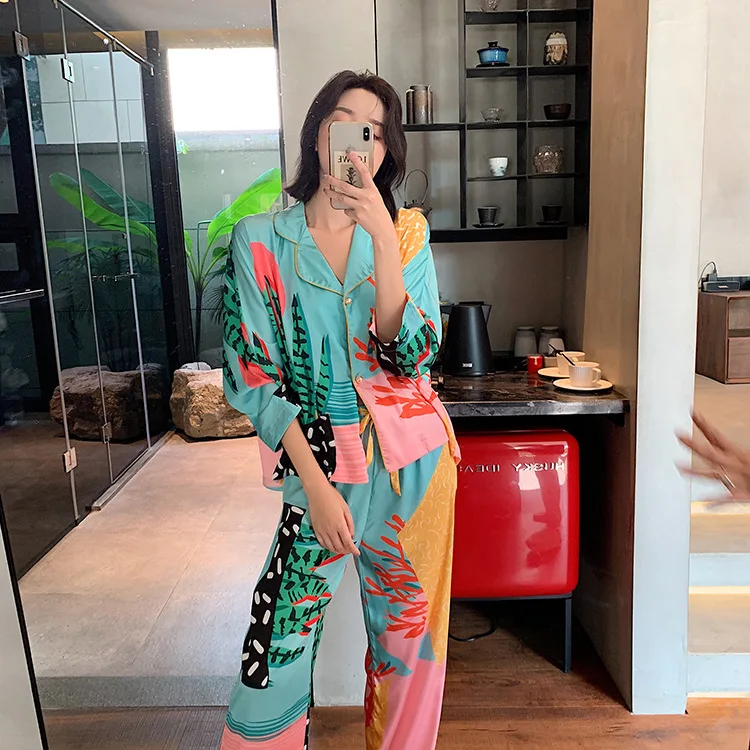 Women Pajama Set Hand Drawn Art Tropical Plants Pyjama Set Silk Like Nightwear Spring Home Wear Clothes Sleepwear Homewear