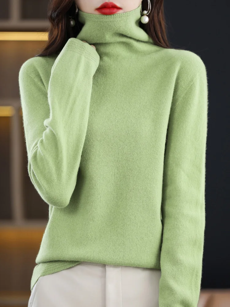 

Turtleneck Sweater Women Autumn Winter 100% Wool Pullovers Office Lady Solid Color Seamless Knitted Jumper Female Soft Warm Tops