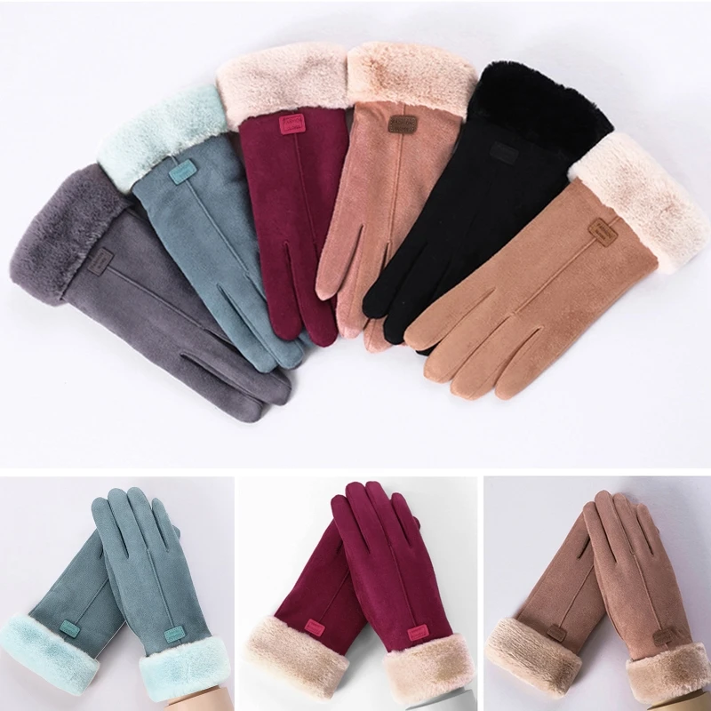 

Faux Suede Touchscreen Fingers Gloves Warm Fleece Lined Texting Thermal Windproof Plush Trim Solid Mittens for Women