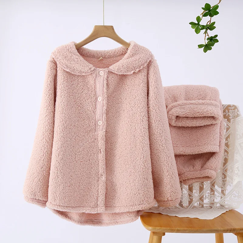 Winter new women's pajamas long-sleeved trousers two-piece flannel thickened warm suit lapel solid color cute home service