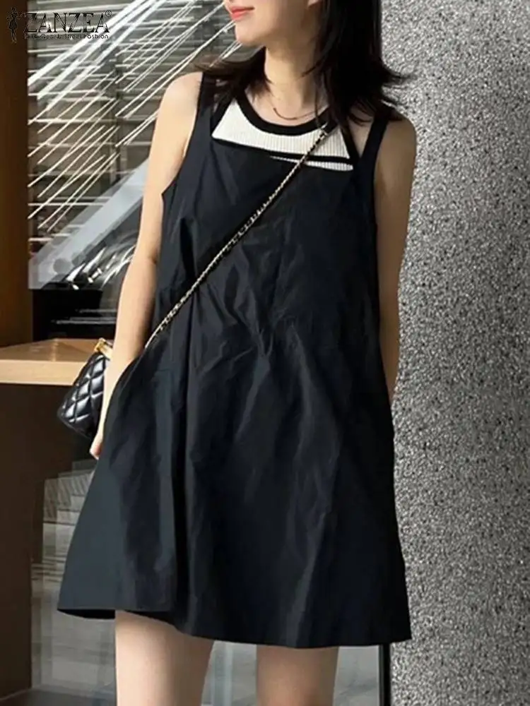 

ZANZEA Sleeveless Square Neck Mini Dress Casual Solid Color Streetwear Summer Suspender Dresses Women A-line Fashion Short Robes