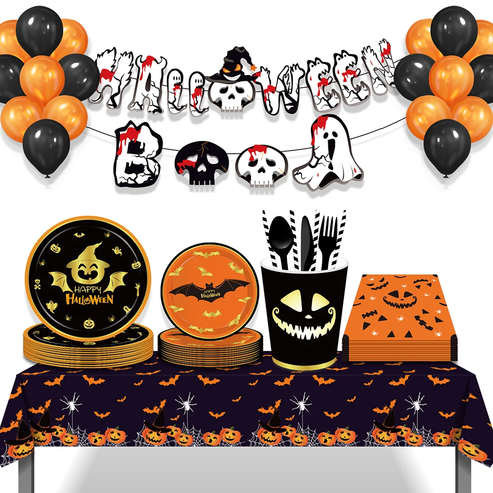 

Halloween BOO Ghost Witch Bat Festival Party Disposable Tableware Sets Plates Banner Tablecovers All Saints' Day Party Supplies